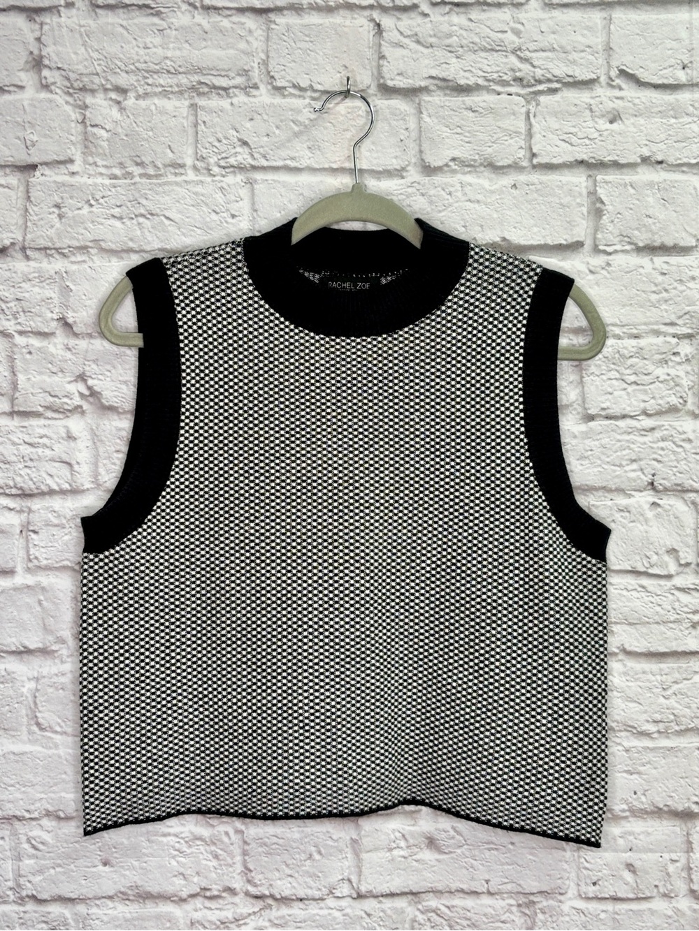Rachel Zoe Sweater Vest Size L Sleeveless Check Houndstooth Mock Neck Black